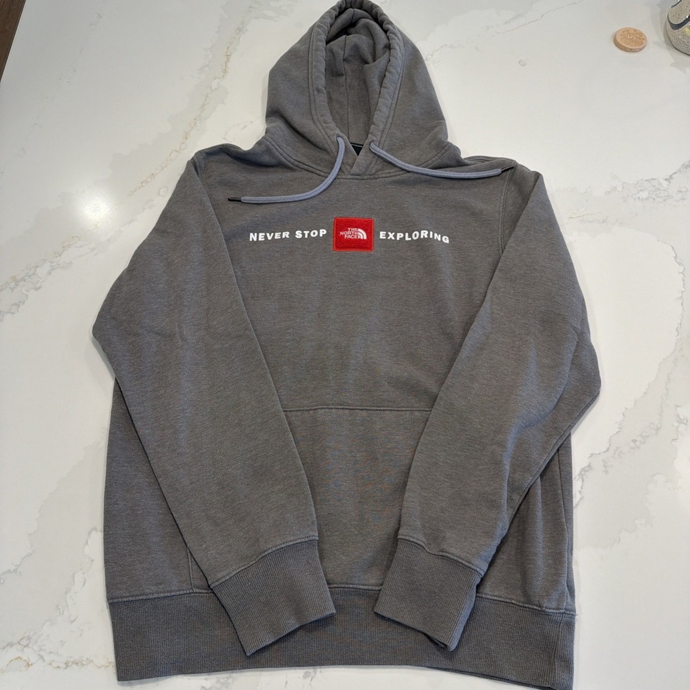 The North Face Pullover Hoodie Mens Medium Gray EUC Never Stop Exploring Fleece